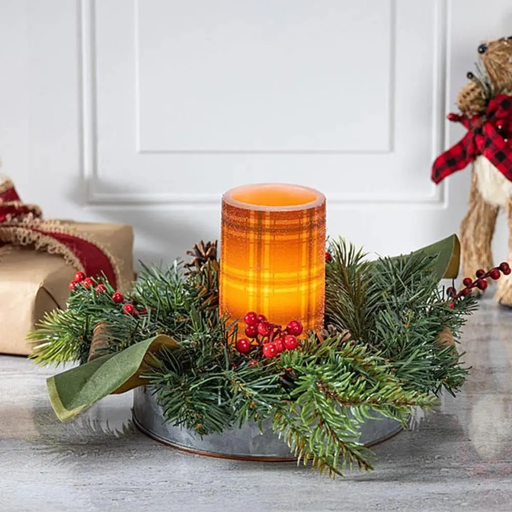 Red Plaid Centerpiece Battery-Operated Led Holder 1