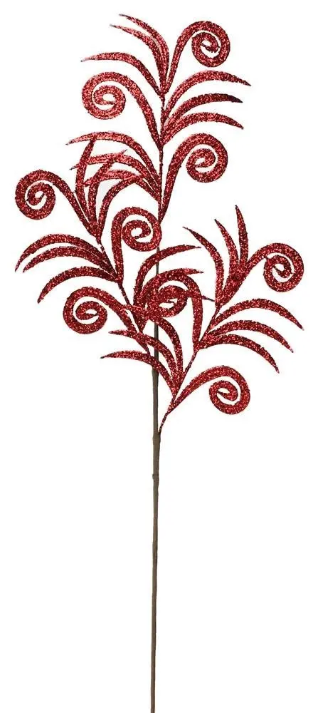 35" Red Glittered Swirl Palm Spray 1
