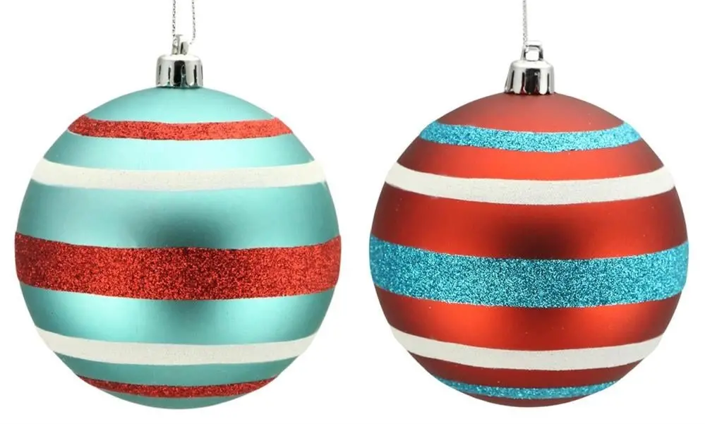 100Mm Turquoise And Red Horizontal Stripe Ball Ornament 1