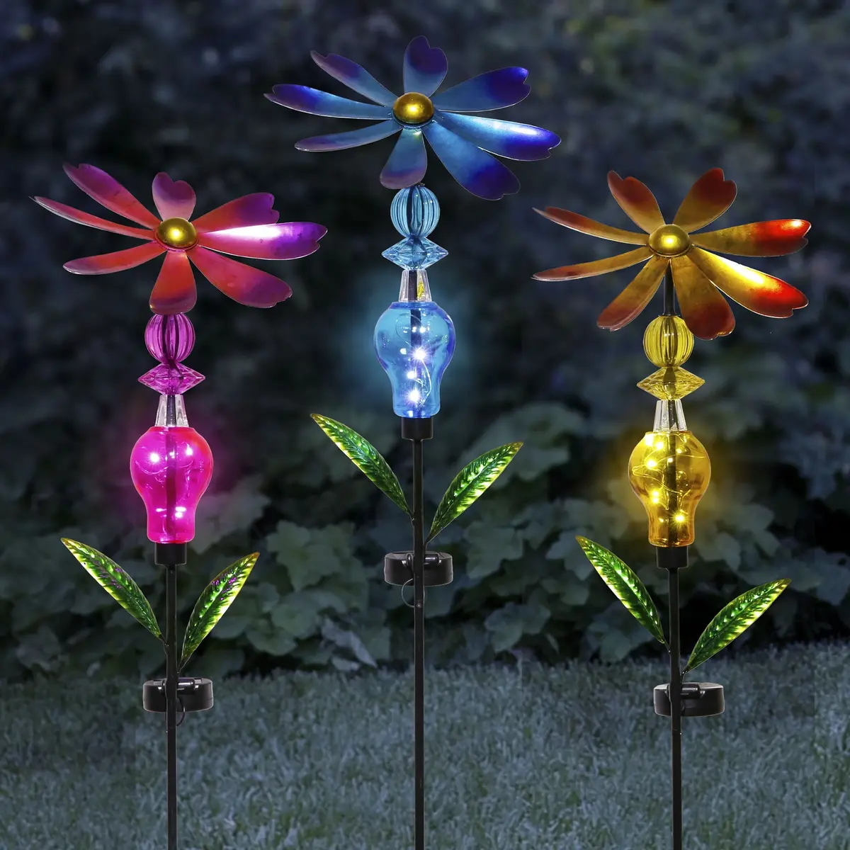 Bejeweled Metal Spinning Floral Solar Stake Light 1