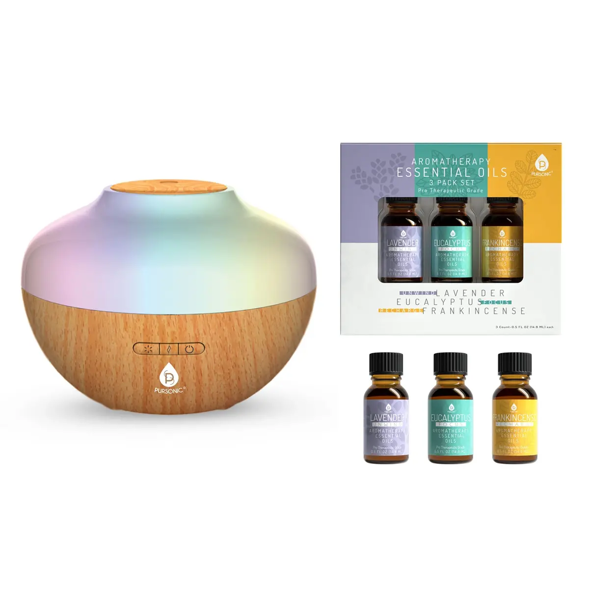 Pursonic Aromatherapy Diffuser & Essential Oil Set-Ultrasonic Top 3 Oils-300Ml With 2 Mist Settings 7 Ambient Light Settings 1