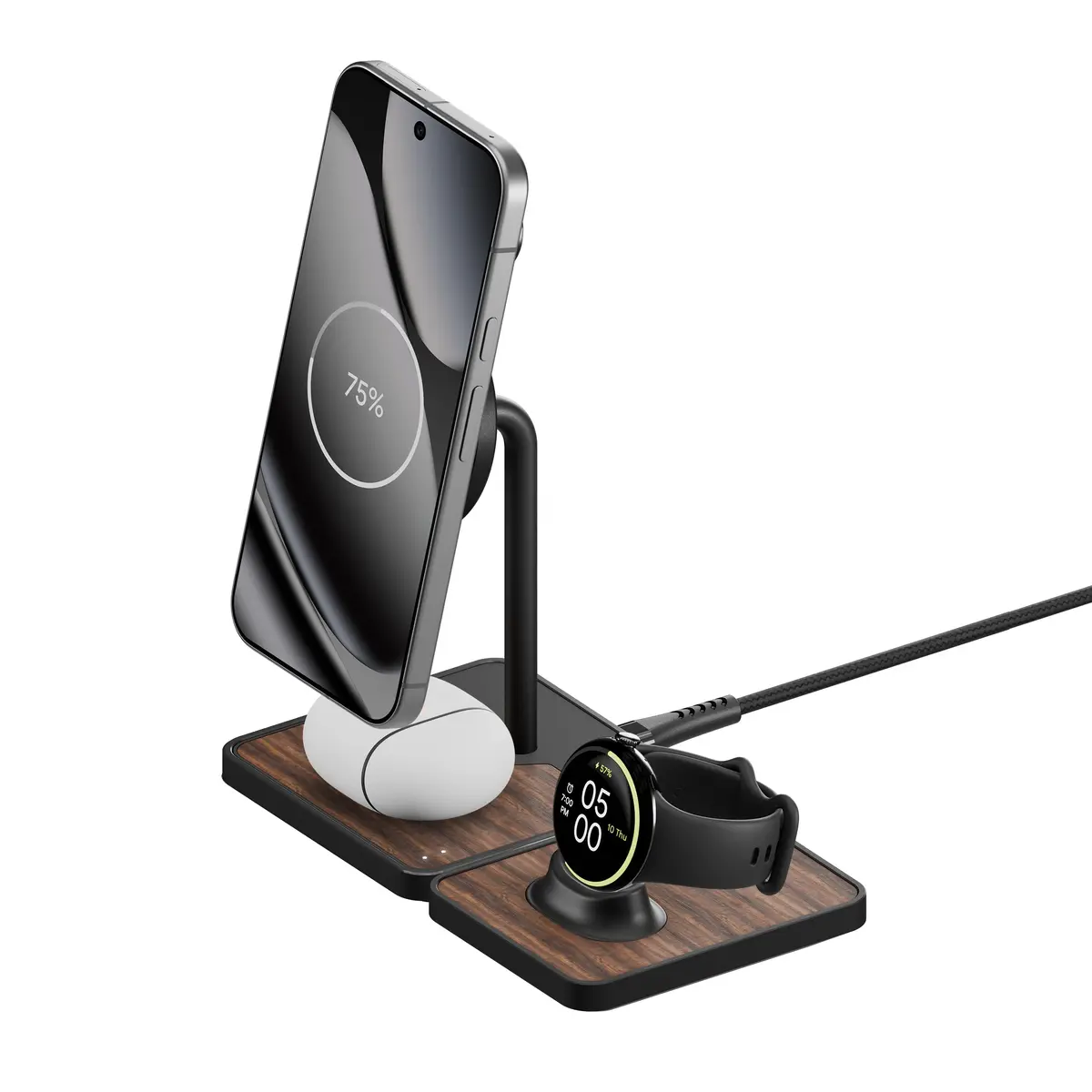 Wireless Charging Stand And Pixel Watch Charger - Walnut 1