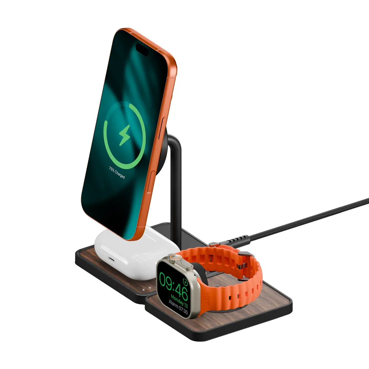Wireless Charging Stand And Apple Watch Charger - Walnut 1
