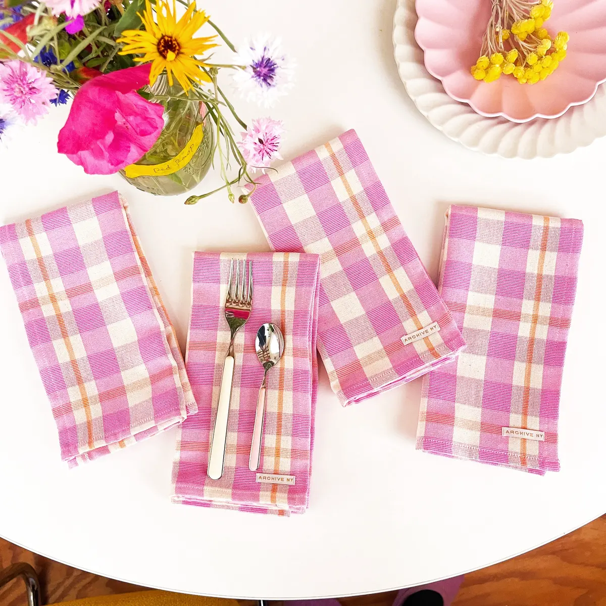 Archive Ny Abigail Plaid Dinner Napkin In Bubblegum 1