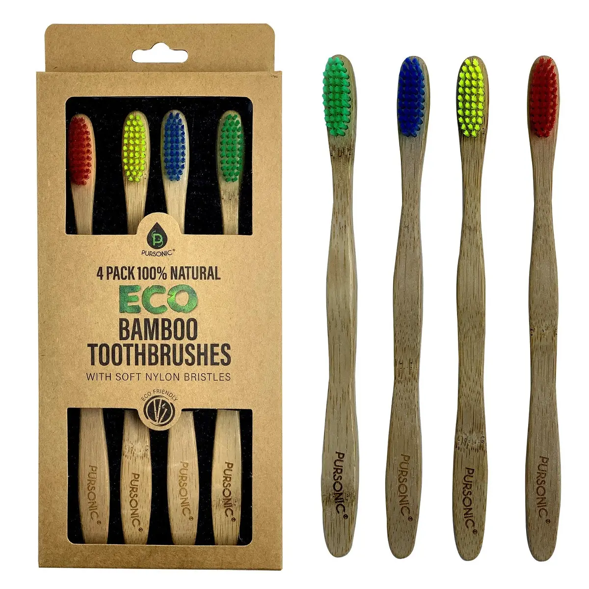 Pursonic 100% Natural Eco Bamboo Toothbrushes (4 Pack) 1