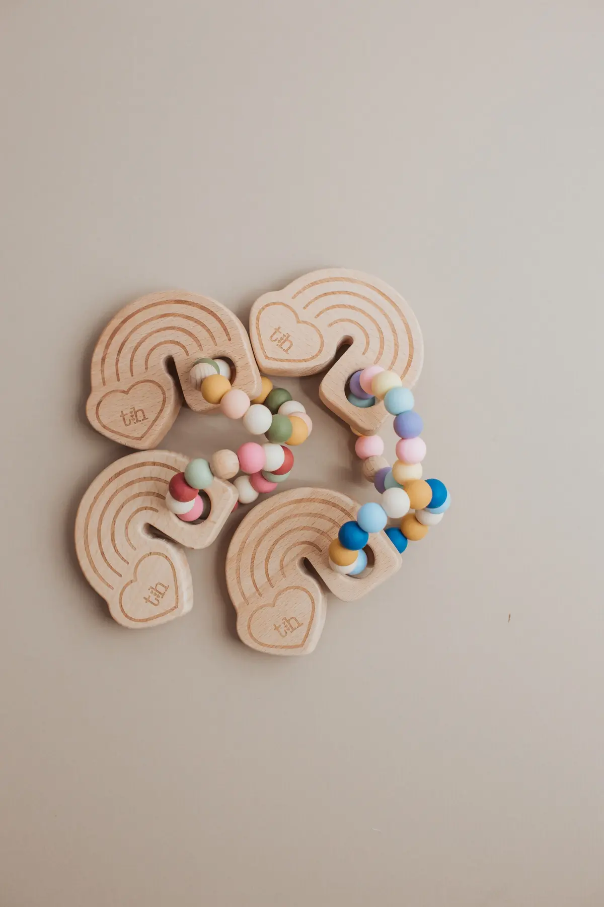Three Hearts Rainbow Wooden Teether - Natural Beech Wood & Bpa Free Silicone 1