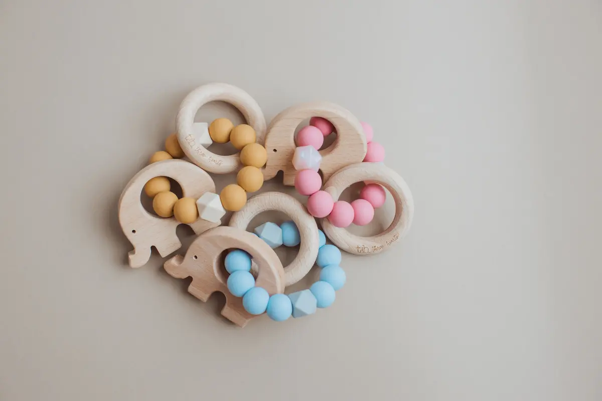Three Hearts Elephant Rattle - Food Grade Silicone & Beech Wood Teether 1