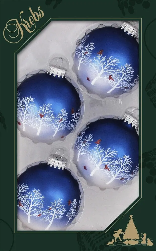 Set Of 4 Blue & Pearl Glass Ornaments With Snowy Trees & Cardinals 1