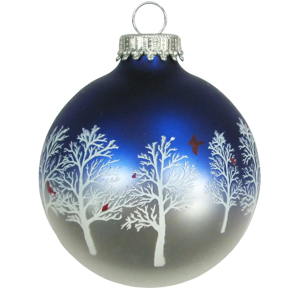 Set Of 4 Blue & Pearl Glass Ornaments With Snowy Trees & Cardinals 2