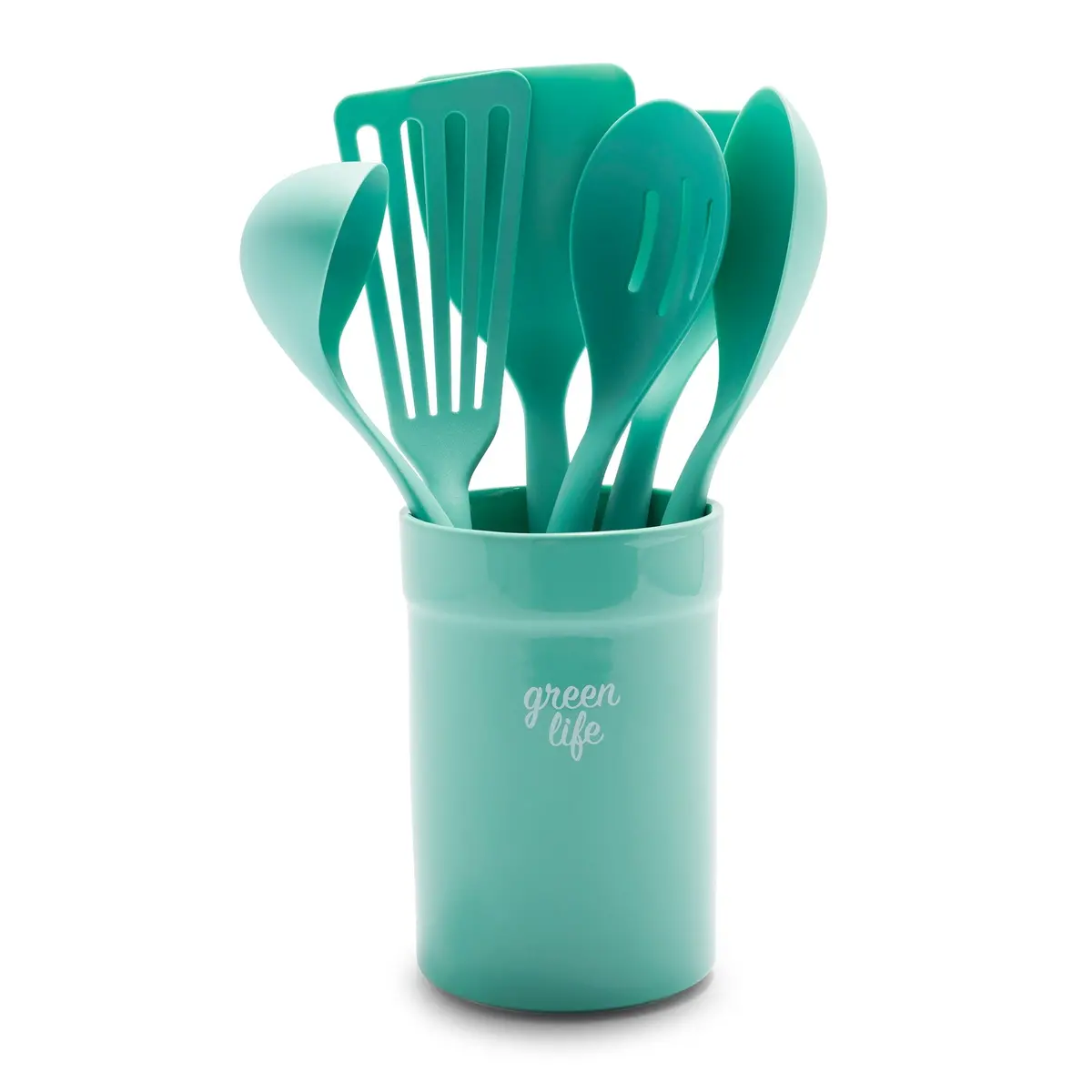 Greenlife Nylon & Wood Cooking Utensils With Ceramic Crock, 7-Piece Set | Turquoise 1