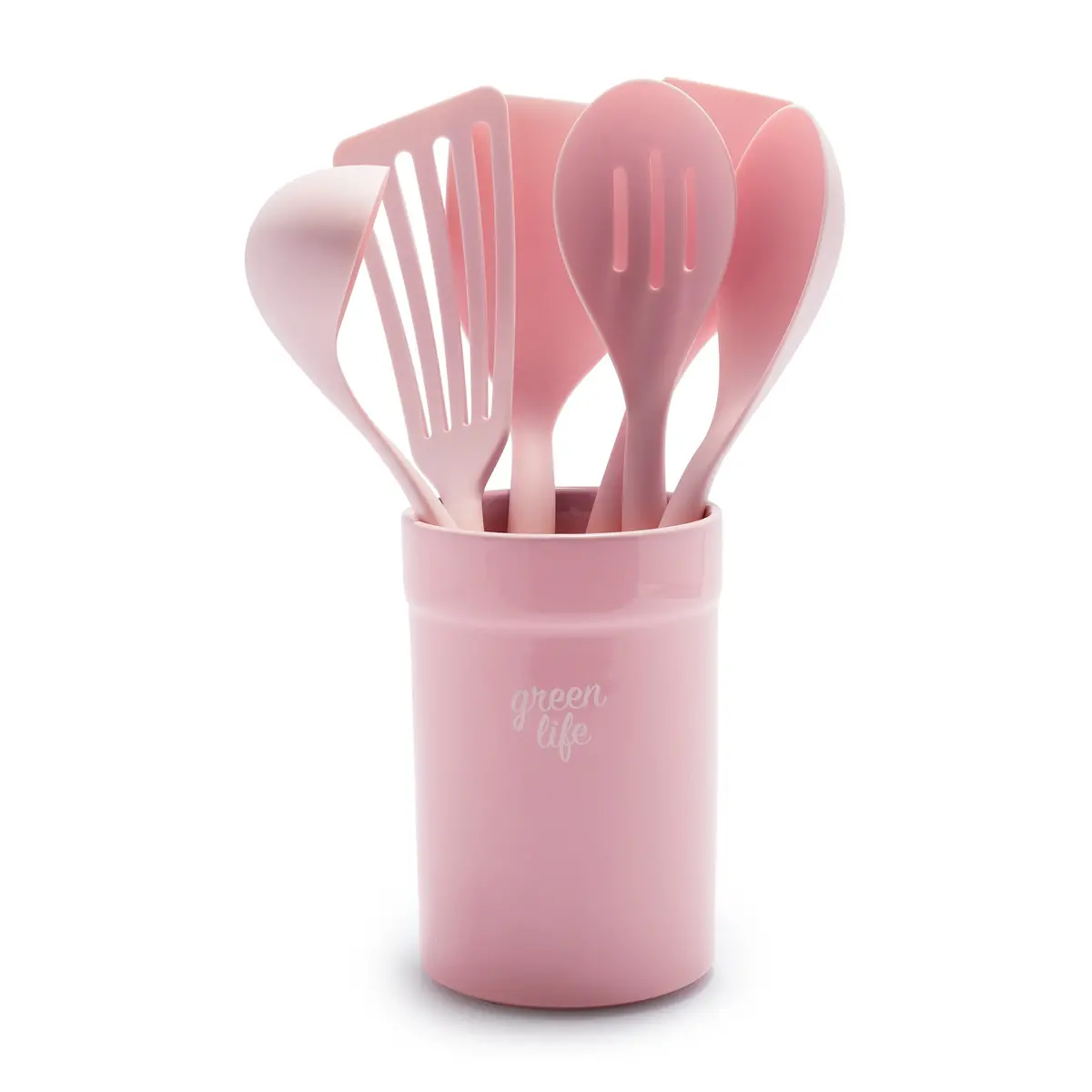 Greenlife Nylon & Wood Cooking Utensils With Ceramic Crock, 7-Piece Set | Pink 1