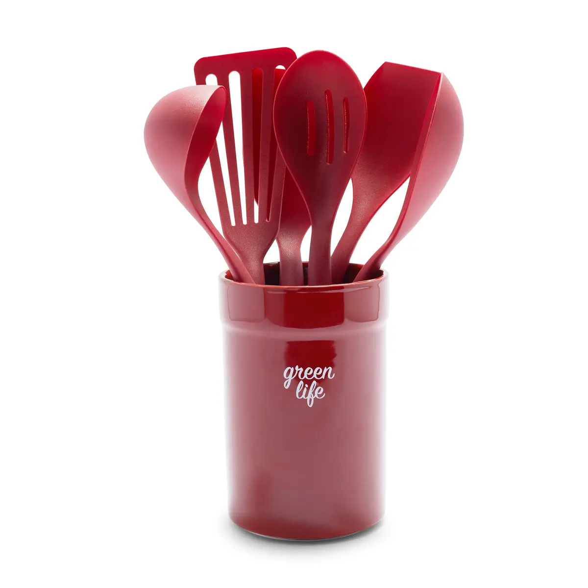 Greenlife Nylon & Wood Cooking Utensils With Ceramic Crock, 7-Piece Set | Red 1