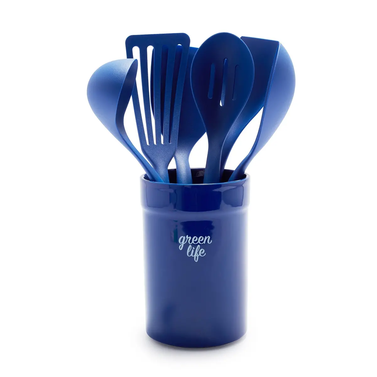 Greenlife Nylon & Wood Cooking Utensils With Ceramic Crock, 7-Piece Set | Blue 1