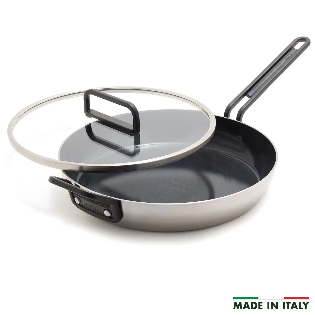 Stanley Tucci™ Stainless Steel Ceramic Nonstick 12" Frypan With Lid | Black Handle 1