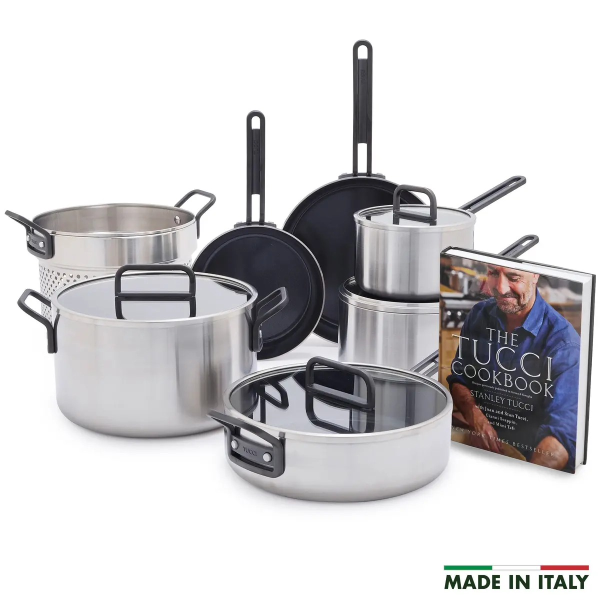 Stanley Tucci™ Stainless Steel Ceramic Nonstick 11-Piece Cookware Set With The Tucci Cookbook | Black Handles 1