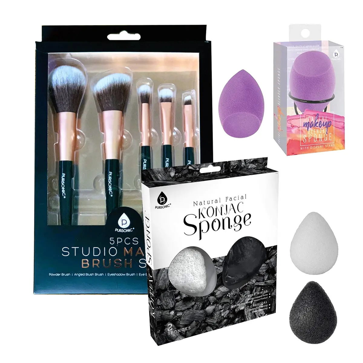 Pursonic Beauty Essentials Bundle: Facial Makeup Blender Sponge + Natural Facial Konjac Sponge Duo Set(3 Pack) + 5 Pcs Studio Makeup Brush Set (Black) 1