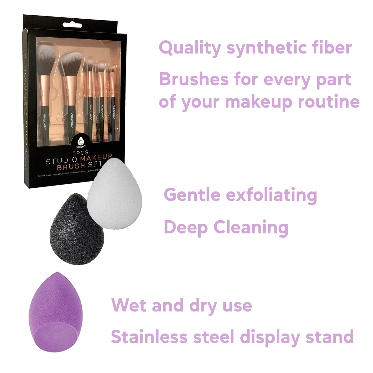 Pursonic Beauty Essentials Bundle: Facial Makeup Blender Sponge + Natural Facial Konjac Sponge Duo Set(3 Pack) + 5 Pcs Studio Makeup Brush Set (Black) 2