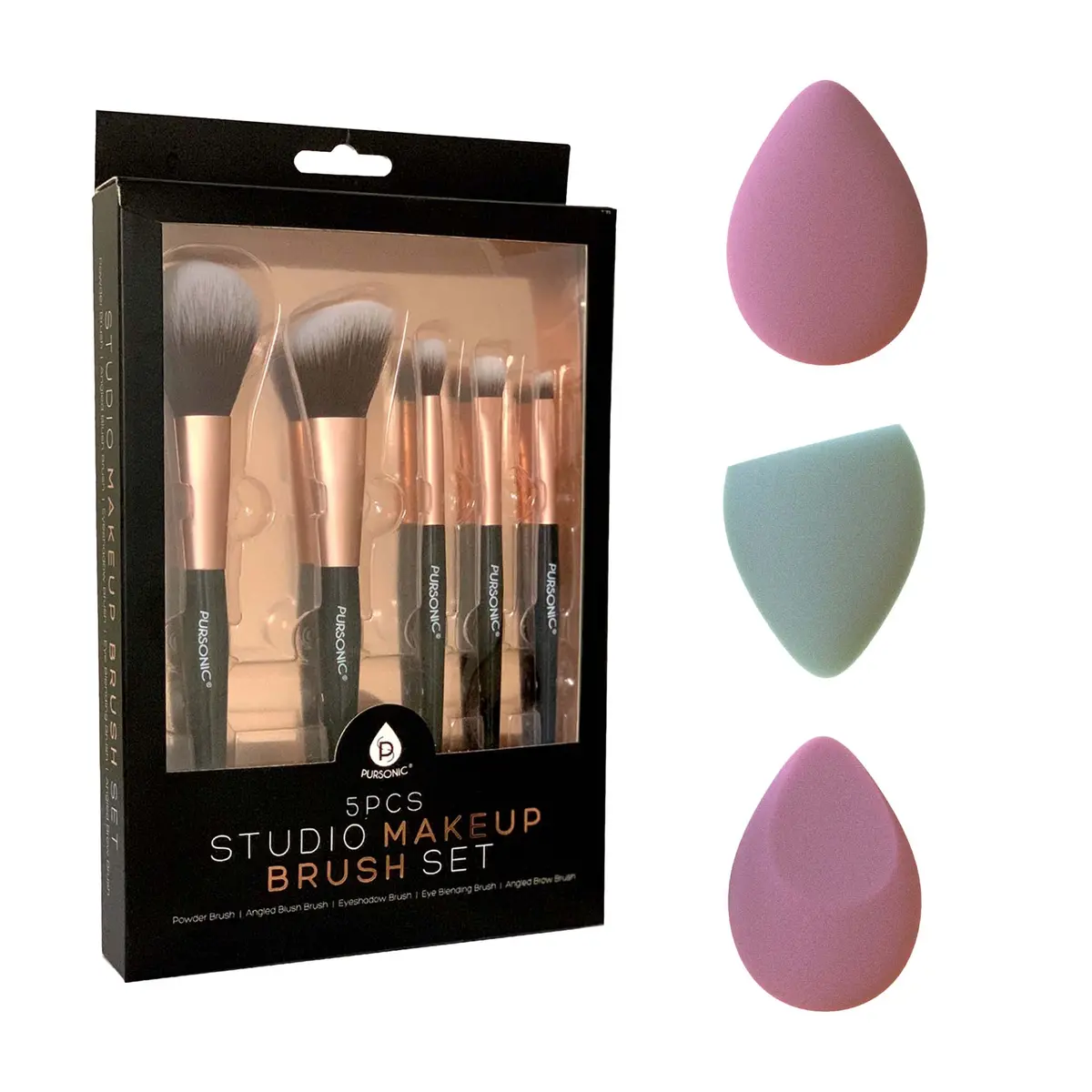 Pursonic 5-Piece Studio Makeup Brush Set & 3-Pack Beauty Makeup Sponge Blenders – Flawless Application Essentials 1