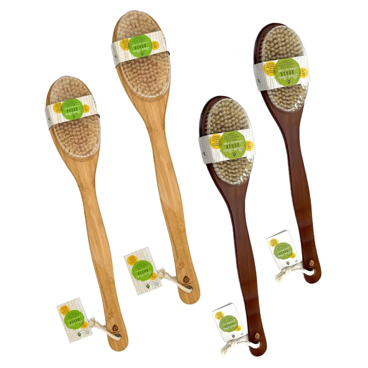 Pursonic Bath Body Brush With Long Bamboo Handle 4-Piece Family Pack (2 Natural Color And 2 Dark Wood) 1