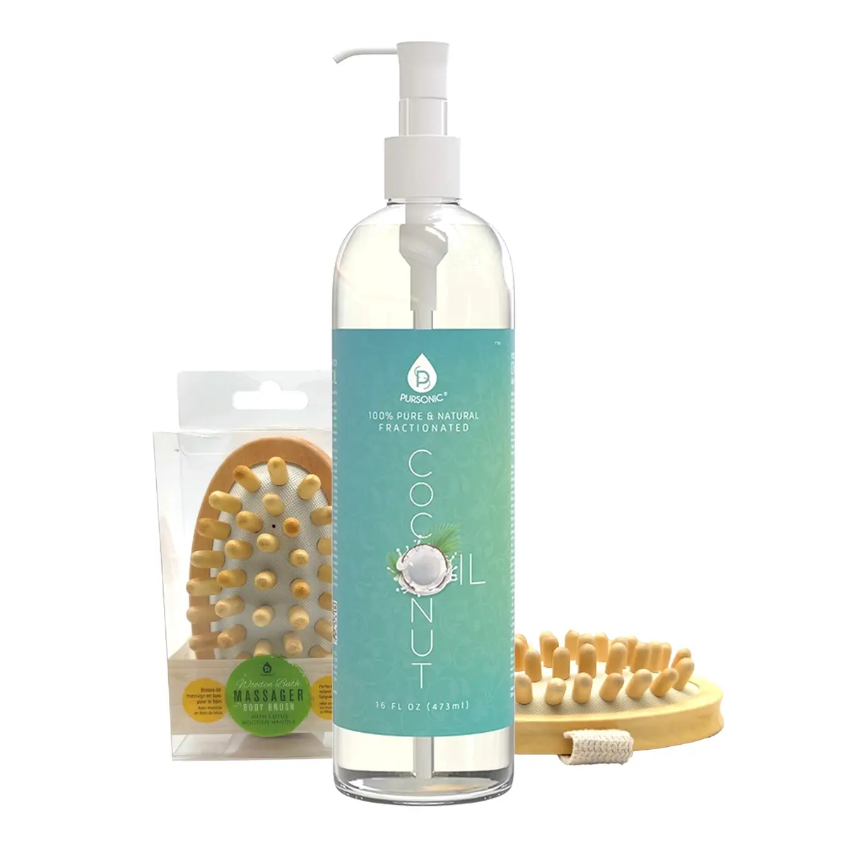 Pursonic Nourishing Beauty Bundle: Fractionated Coconut Oil (16 Oz) & Boar Bristle Bath Brush 1