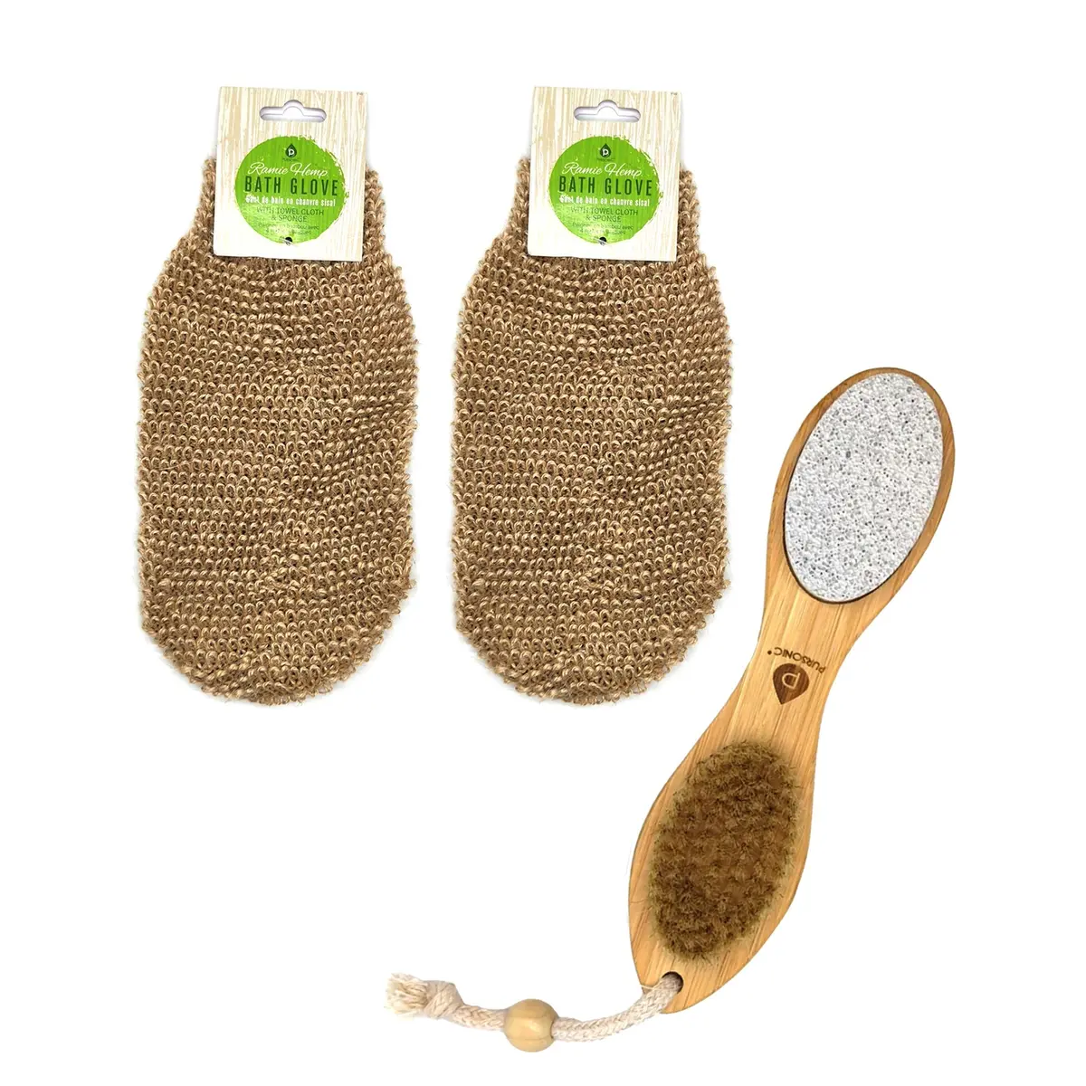 Pursonic Sisal Hemp Bath Glove, Pack Of 2, And 4-In-1 Foot Scrubber Bundle 1