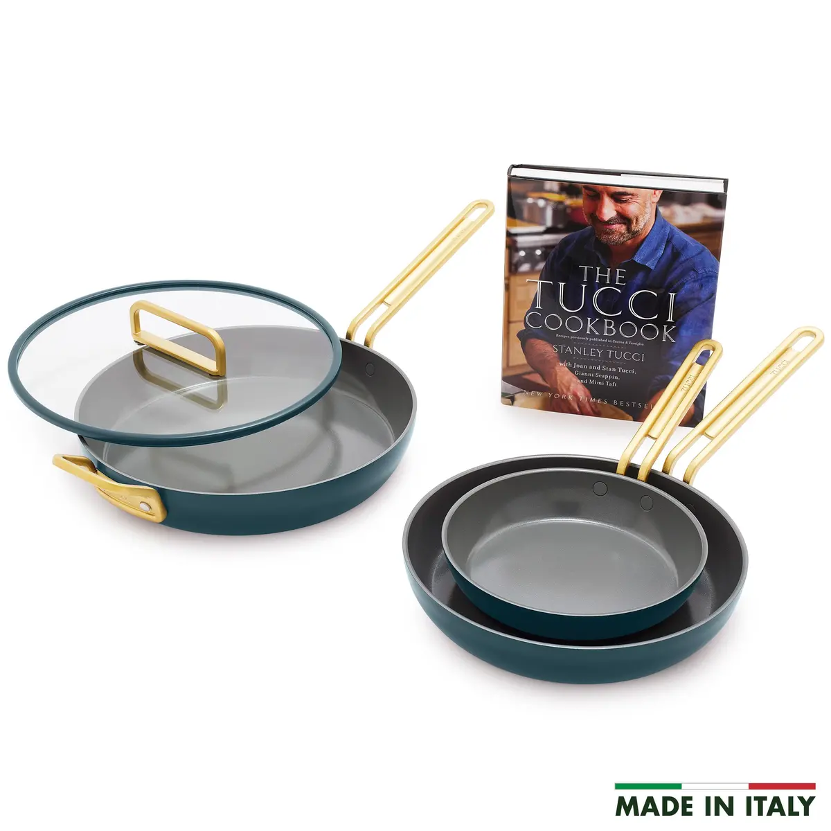 Stanley Tucci™ Ceramic Nonstick 4-Piece Frypan Set With The Tucci Cookbook | Venetian Teal 1
