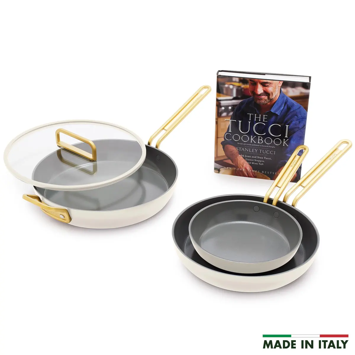 Stanley Tucci™ Ceramic Nonstick 4-Piece Frypan Set With The Tucci Cookbook | Carrara White 1