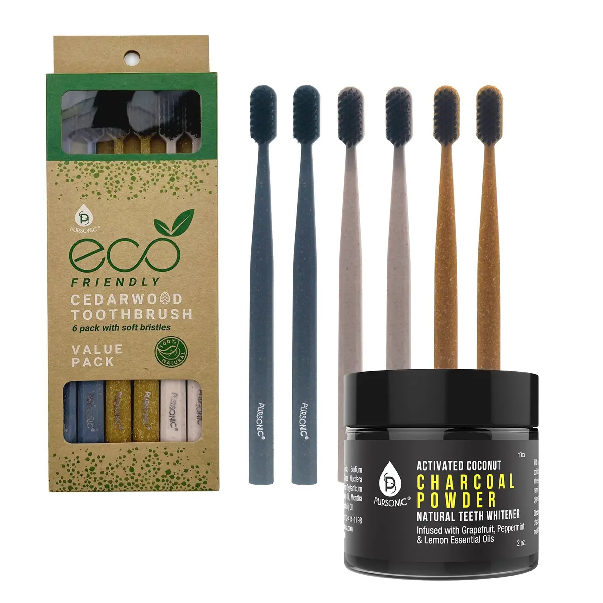 Pursonic Natural Radiance Combo: Activated Coconut Charcoal Powder Natural Teeth Whitener + 100% Eco-Friendly Cedarwood Toothbrushes (6 Pack) 1