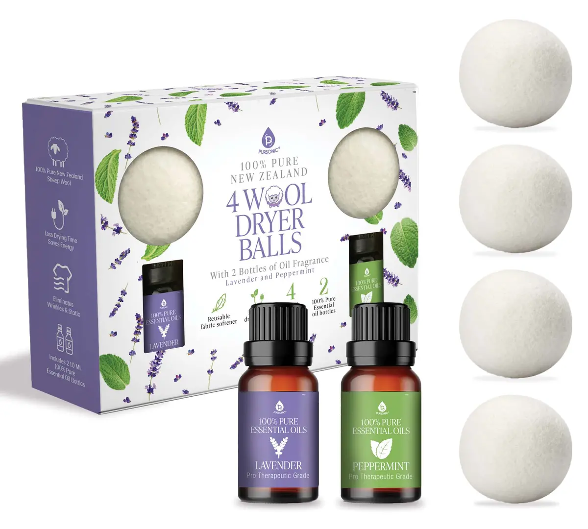Pursonic Wool Dryer Balls Bundle - Reusable Laundry Balls Made From Pure New Zealand Wool - Includes Lavender & Peppermint Oils 1