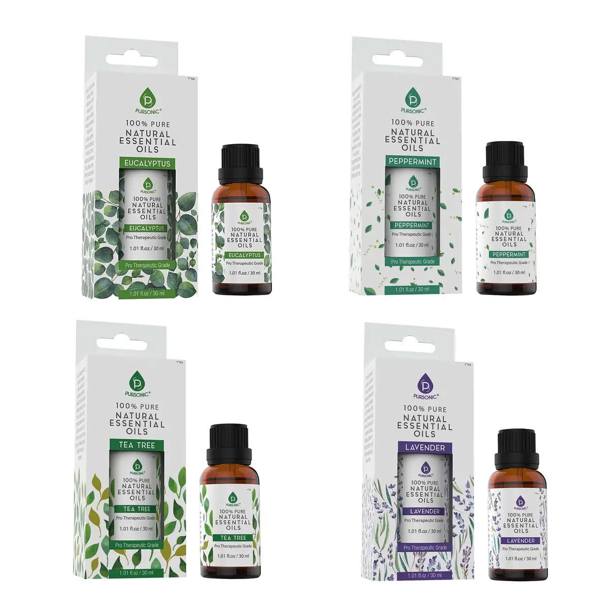 Pursonic 4-Pack Pure & Natural Essential Oils Collection – Eucalyptus, Lavender, Tea Tree, And Peppermint 1