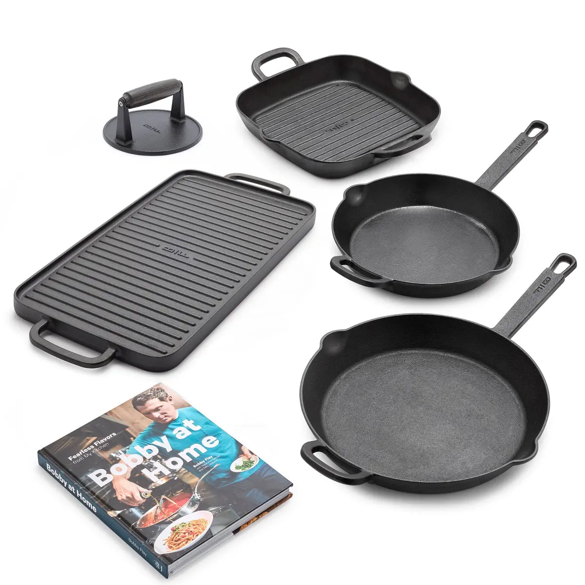 Bobby Flay By Greenpan 5-Piece Cast Iron Set With Bobby At Home Cookbook 1