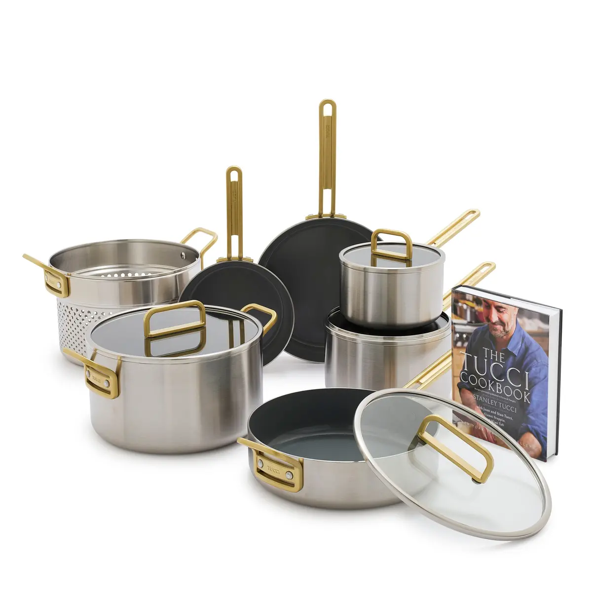 Stanley Tucci™ Stainless Steel Ceramic Nonstick 11-Piece Cookware Set With The Tucci Cookbook | Champagne Handles 1