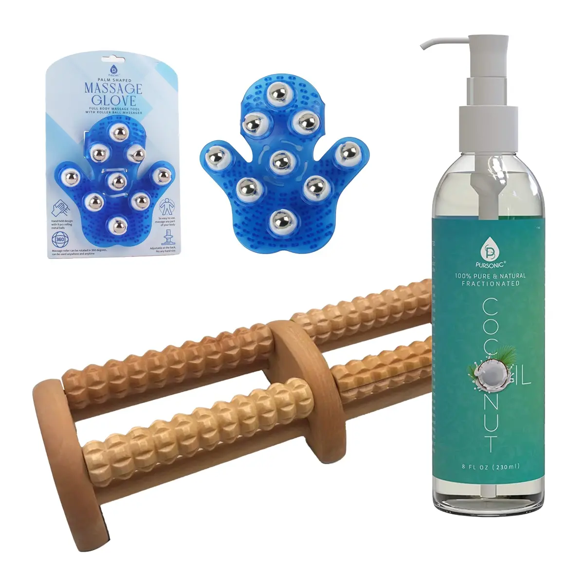 Pursonic Relaxation Gift Bundle: Palm Shaped Massage Glove, Wooden Foot Massager, And Fractionated Coconut Oil 1