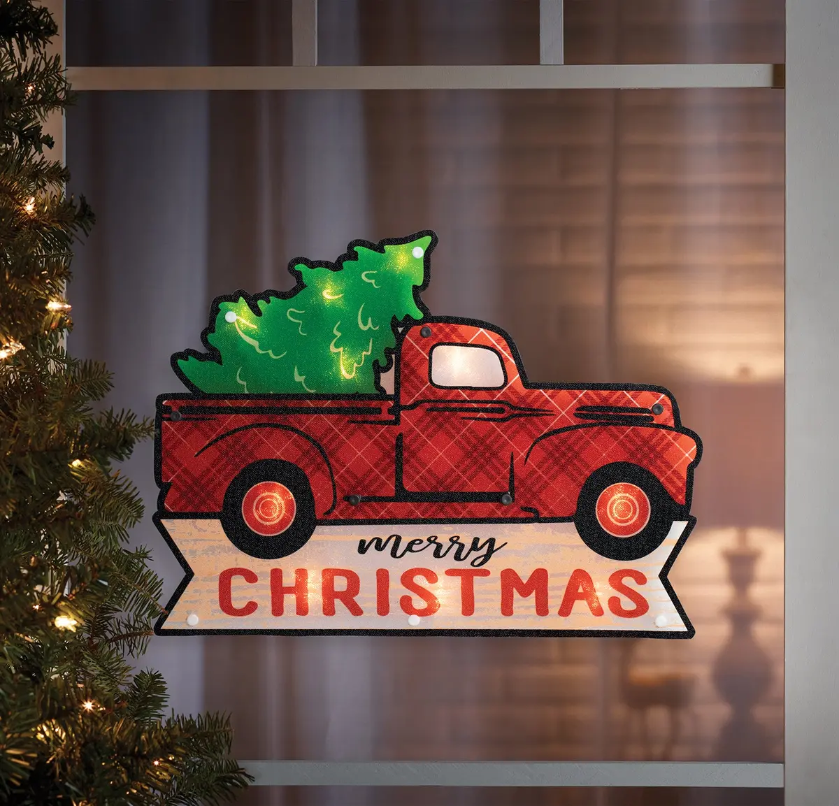 10 Light Shimmer Red Plaid Truck Christmas Silhouette 1