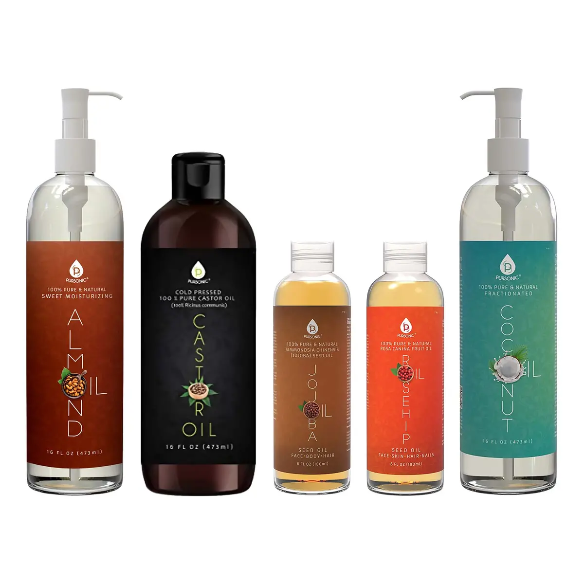 Pursonic Essential Oils & Skin Care Mega Bundle – 100% Pure Golden Jojoba Oil, Rosehip Oil, Sweet Almond Oil, Fractionated Coconut Oil, And Castor Oil 1