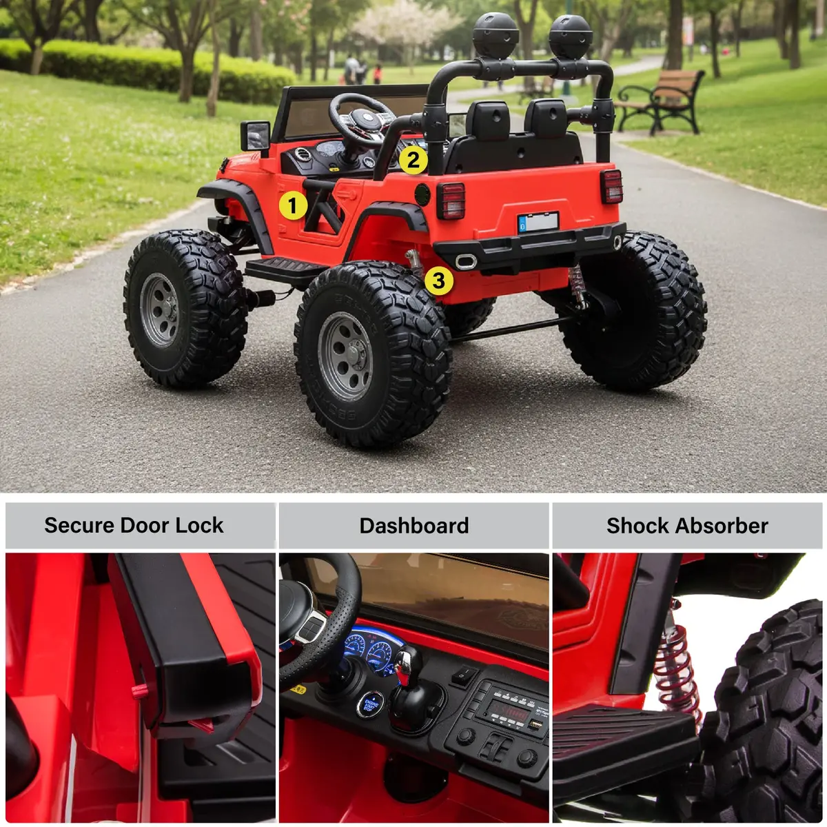 Lifted Monster Jeep 12V 2 Seater Classic Ride On Car With Remote Control, Leather Seat And Eva Tires 5