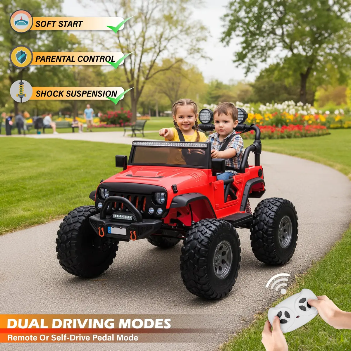 Lifted Monster Jeep 12V 2 Seater Classic Ride On Car With Remote Control, Leather Seat And Eva Tires 3