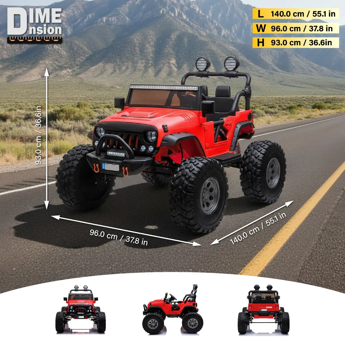 Lifted Monster Jeep 12V 2 Seater Classic Ride On Car With Remote Control, Leather Seat And Eva Tires 4