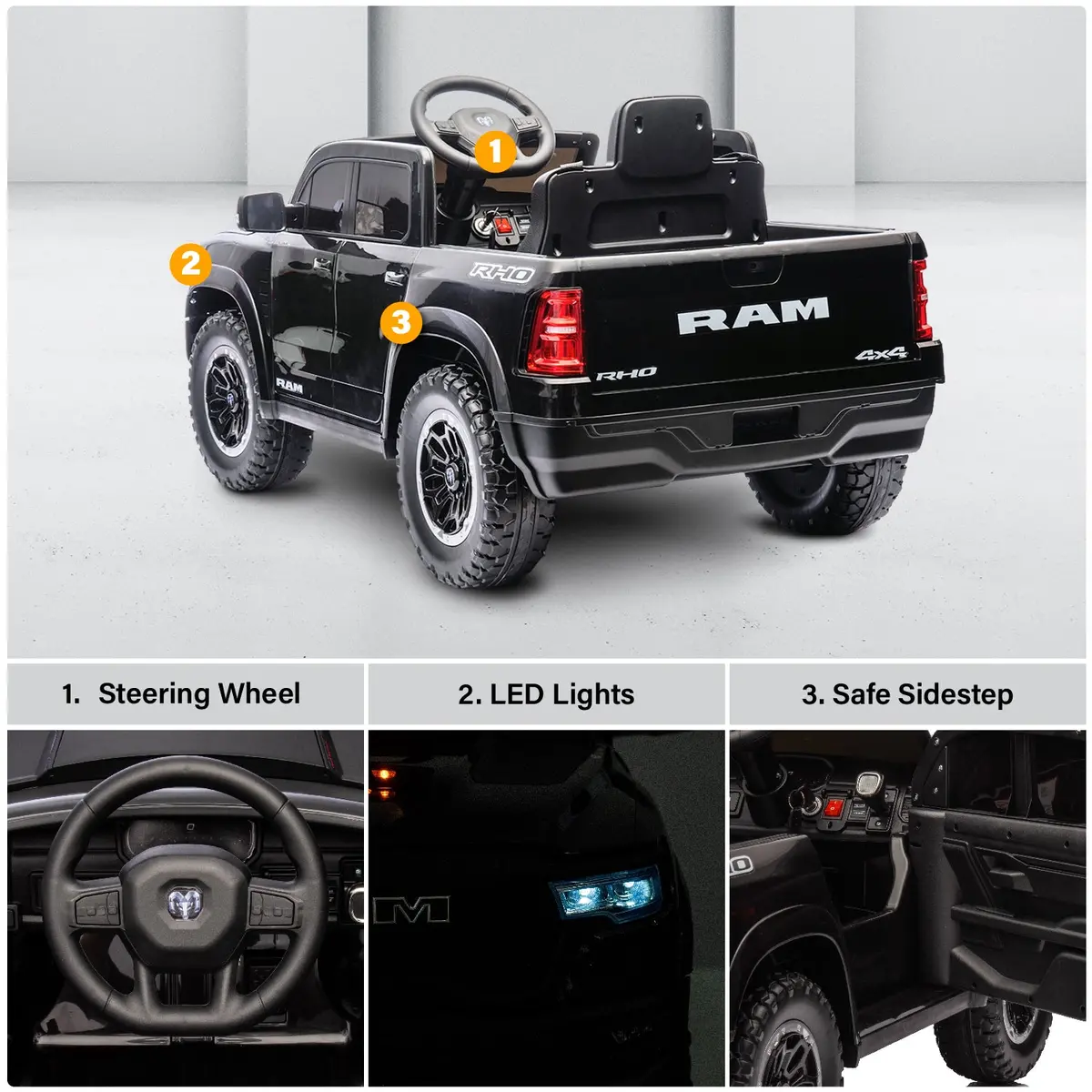 Licensed Ram 1500 12V Ride-On Truck For Kids Ages 3+, Electric Vehicle With Parent Remote Control, Dual Speed, Suspension, Led Lights, Mp3, Cargo Storage 5