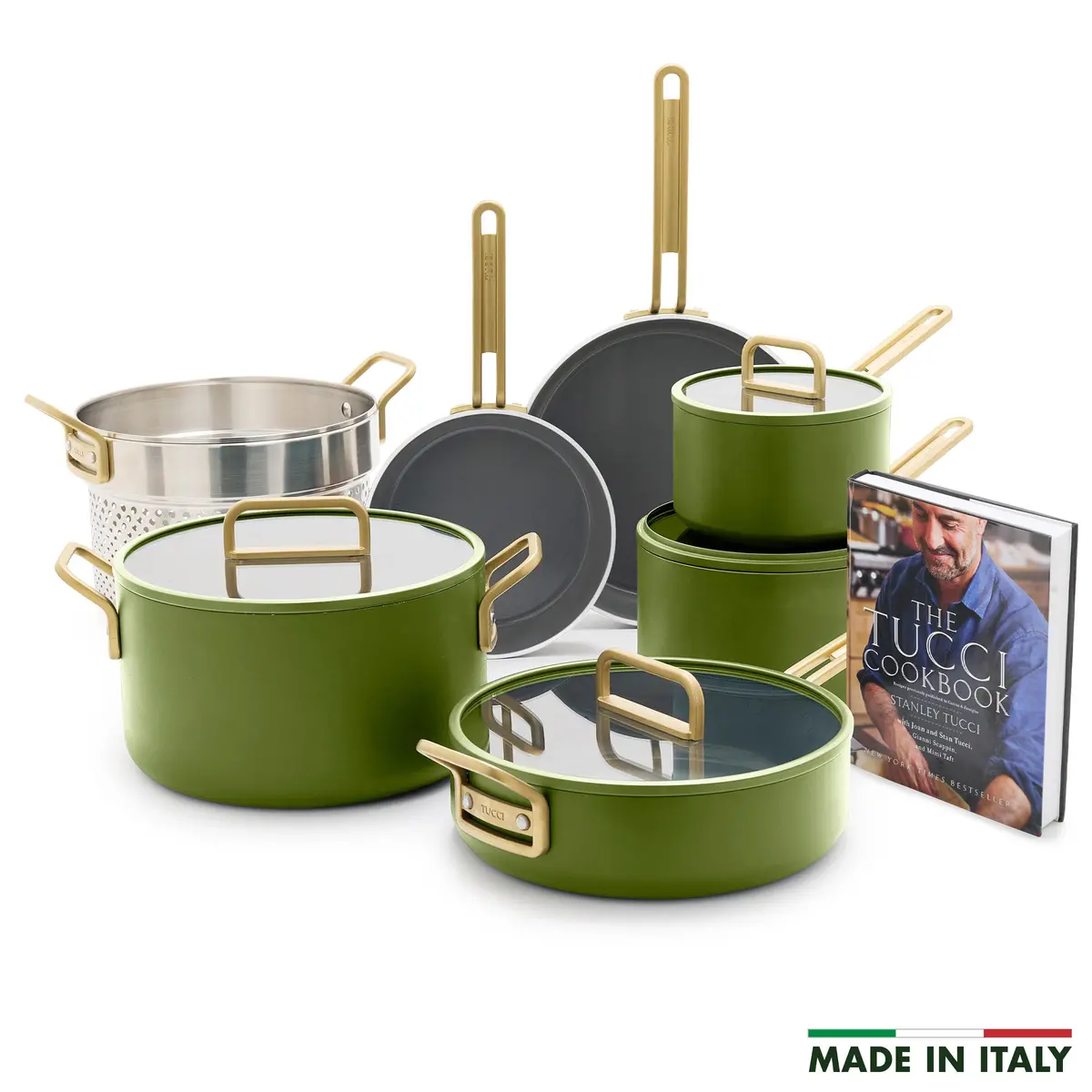 Stanley Tucci™ Ceramic Nonstick 11-Piece Cookware Set With The Tucci Cookbook | Tuscan Olive 1