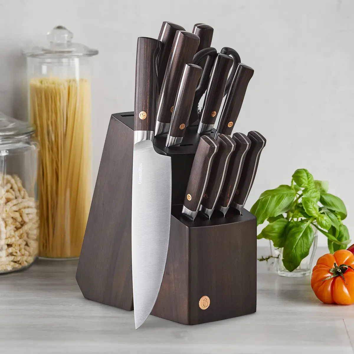 Elite Cutlery 13-Piece Knife Block Set With Dark-Wood Handles 2