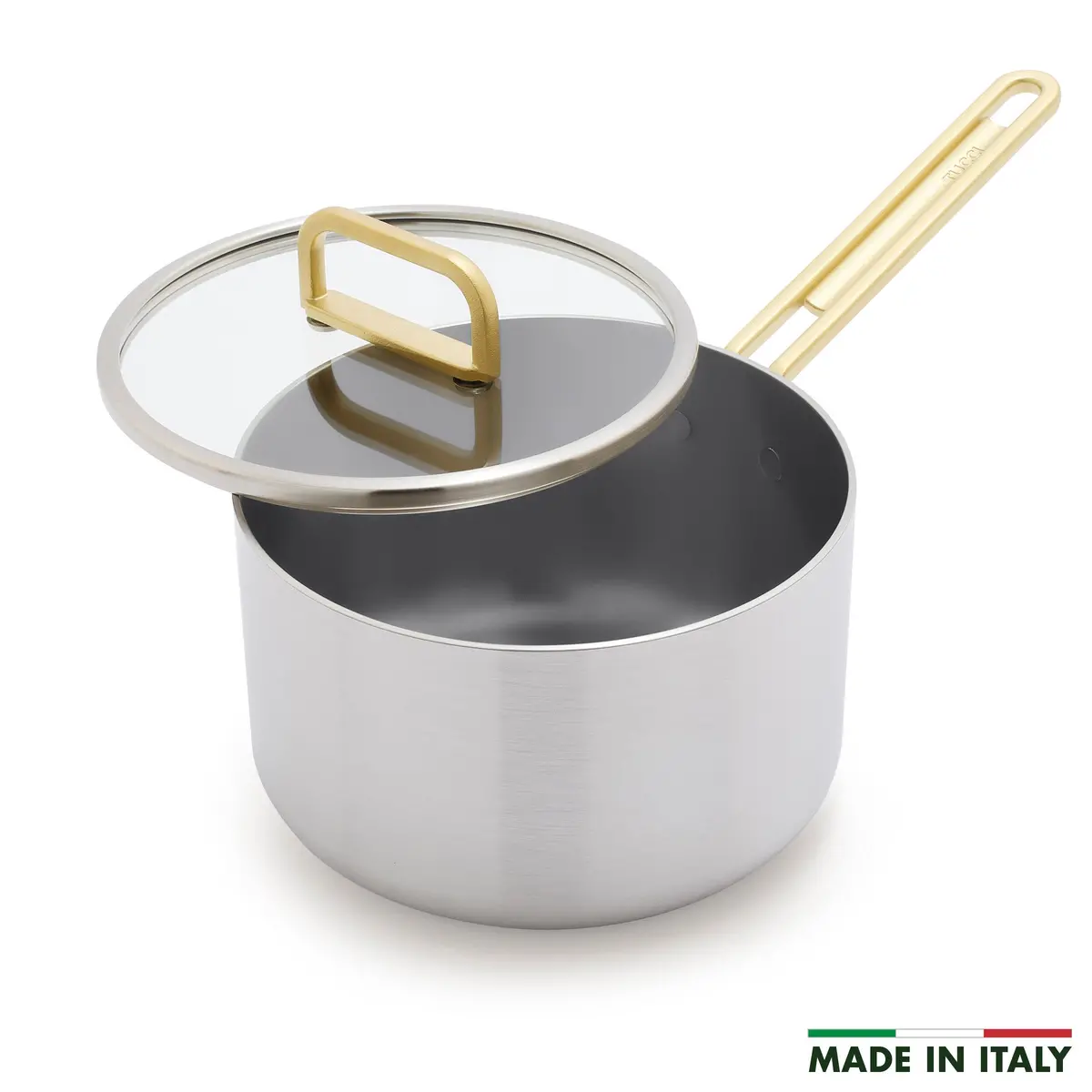 Stanley Tucci™ Stainless Steel Ceramic Nonstick 4-Quart Saucepan With Lid | Champagne Handles 1