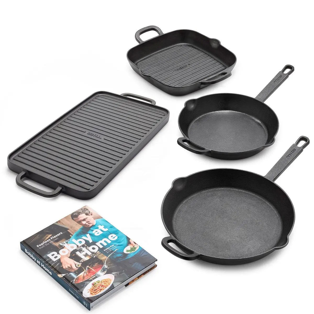 Bobby Flay By Greenpan 4-Piece Cast Iron Set With Bobby At Home Cookbook 1