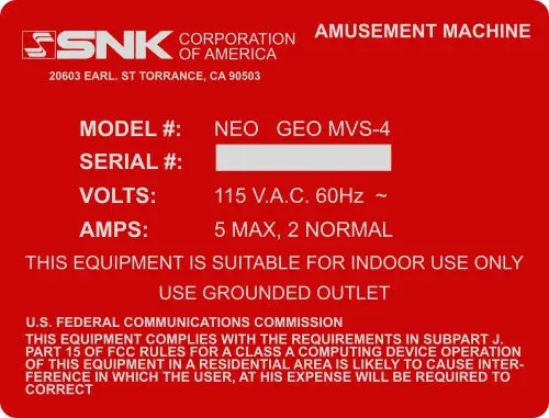 Snk Amusement Machine Serial Number - Back Door Sticker (Red Or Black) 1