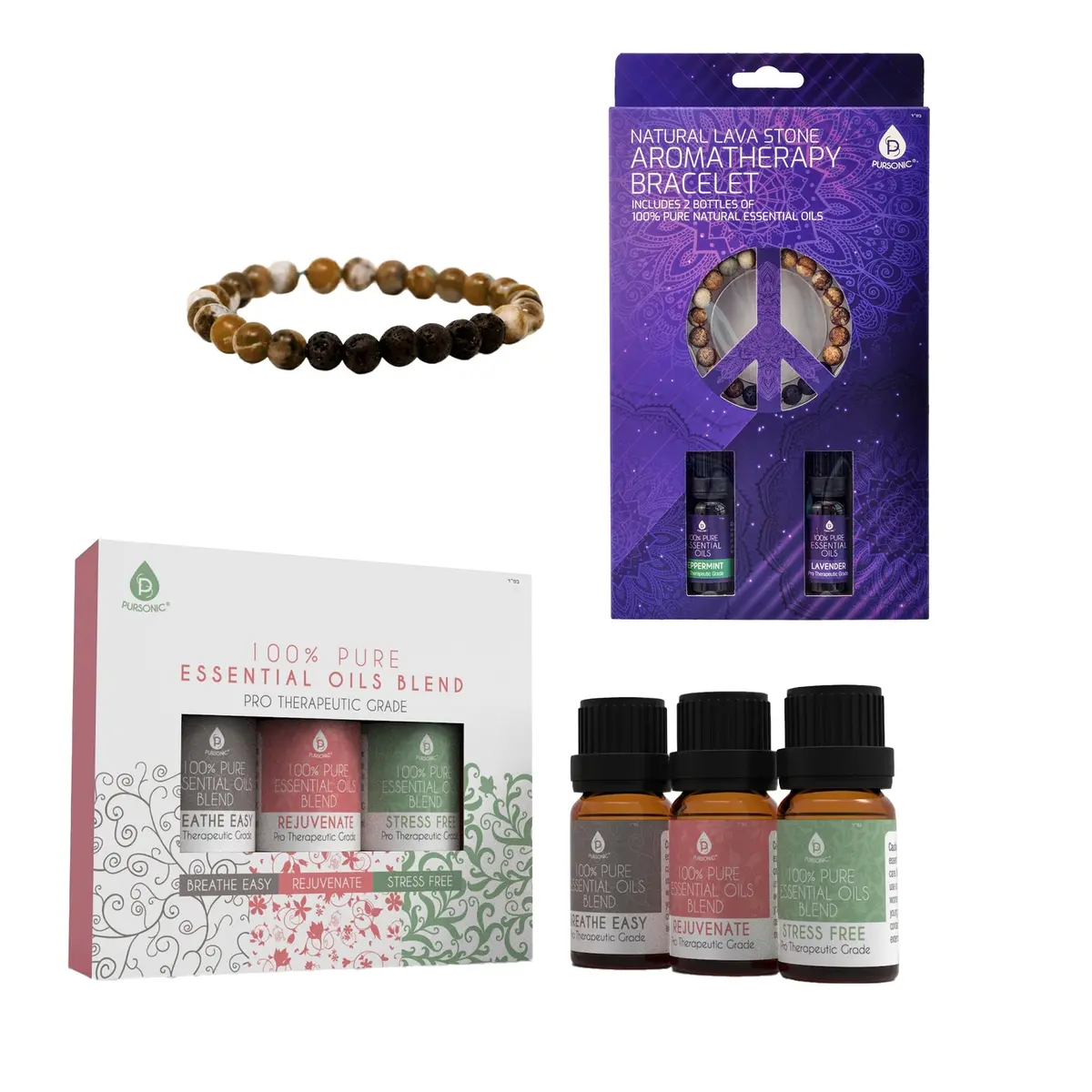 Pursonic Aromatherapy Bliss Bundle: Lava Stone Bracelet + Pure Essential Oils. 1