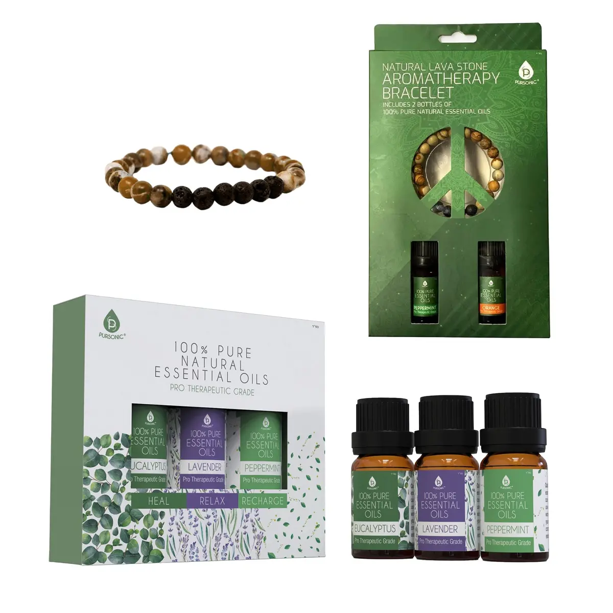 Pursonic Aromatherapy Bliss Set: Lava Stone Bracelet With 100% Pure Essential Oils 1