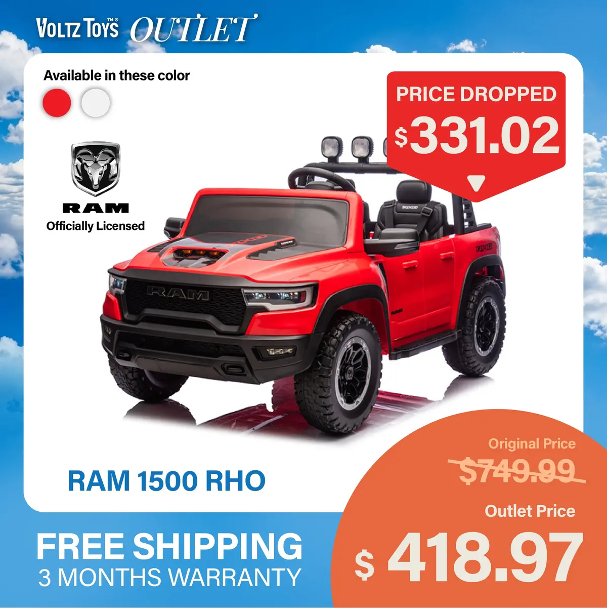 Voltz Toys Licensed Ram 1500 Rho 2 Seater Electric Car, 24V Ride On Car For Big Kids With Remote Control, Eva Tires, Toddler Ride On Toy W/4 Wheels Suspension, Led Lights, Soft Start Function 1