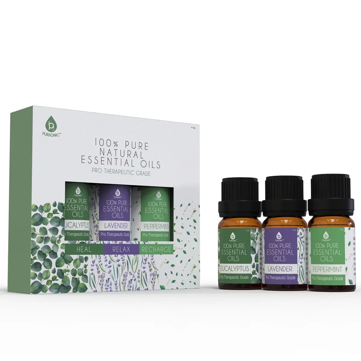 Pursonic 3 Pack Of 100% Pure Essential Oils (Eucalyptus, Lavender & Peppermint) 1