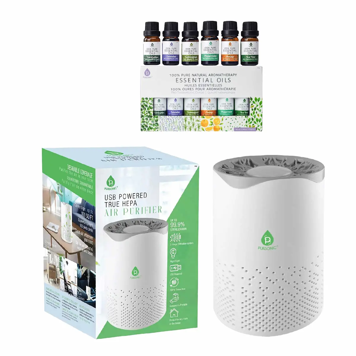 Pursonic Air Purifier With 6-Pack Premium Essential Oils Collection 1