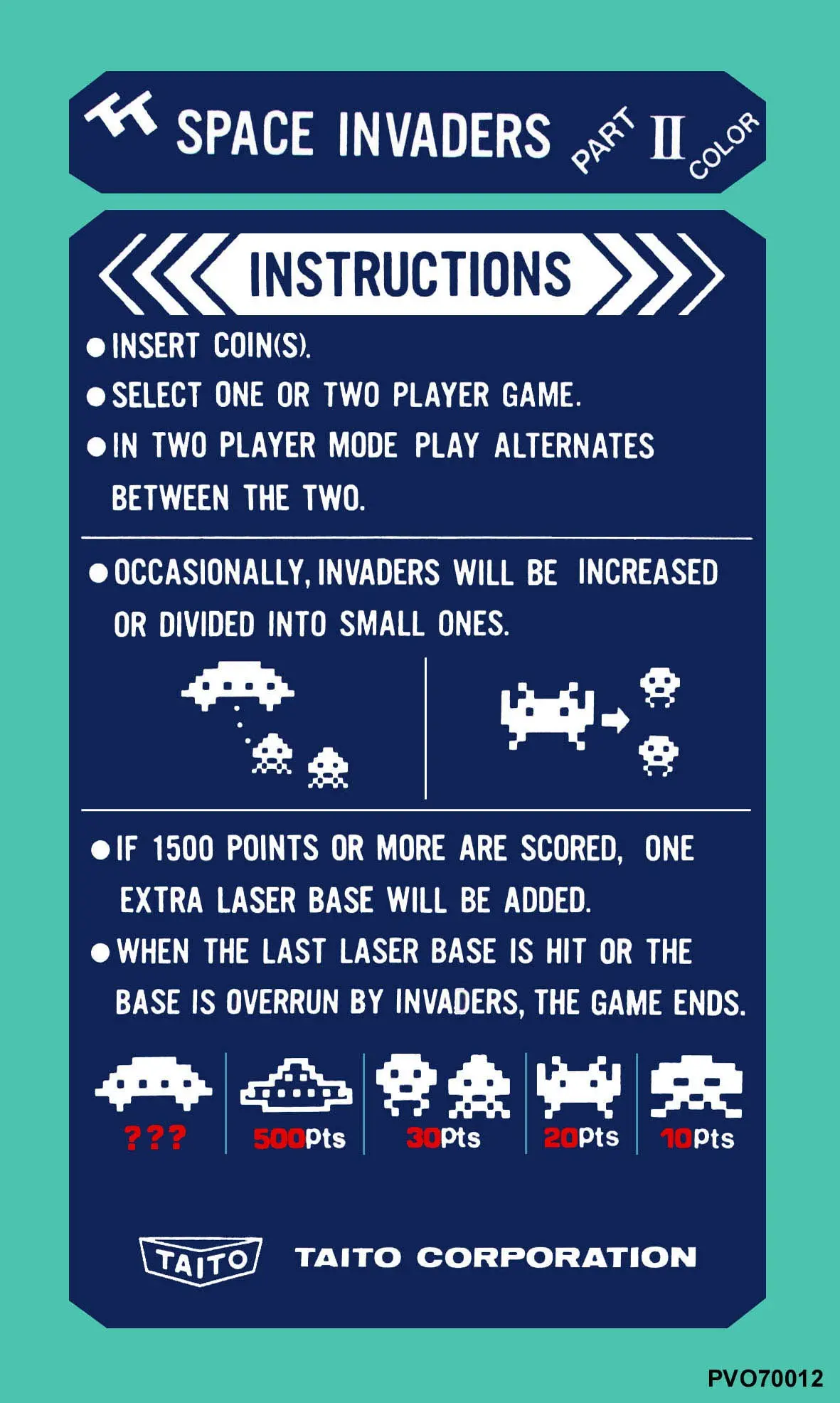 Space Invaders 2 Ii Instruction Decal 1